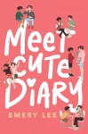 53180089 Peach background with the title of the book Meet Cute Diary and two teen guys eating ice cream together, reading and ddrinking coffee, jumping into a pool, checking out books, and sitting at a cafe table together.