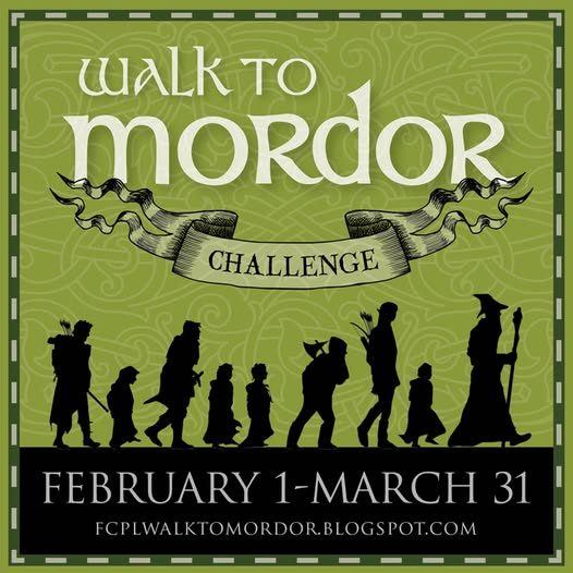 Green background with silhouettes of the fellowship of the ring people walking, walk to mordor challenge 