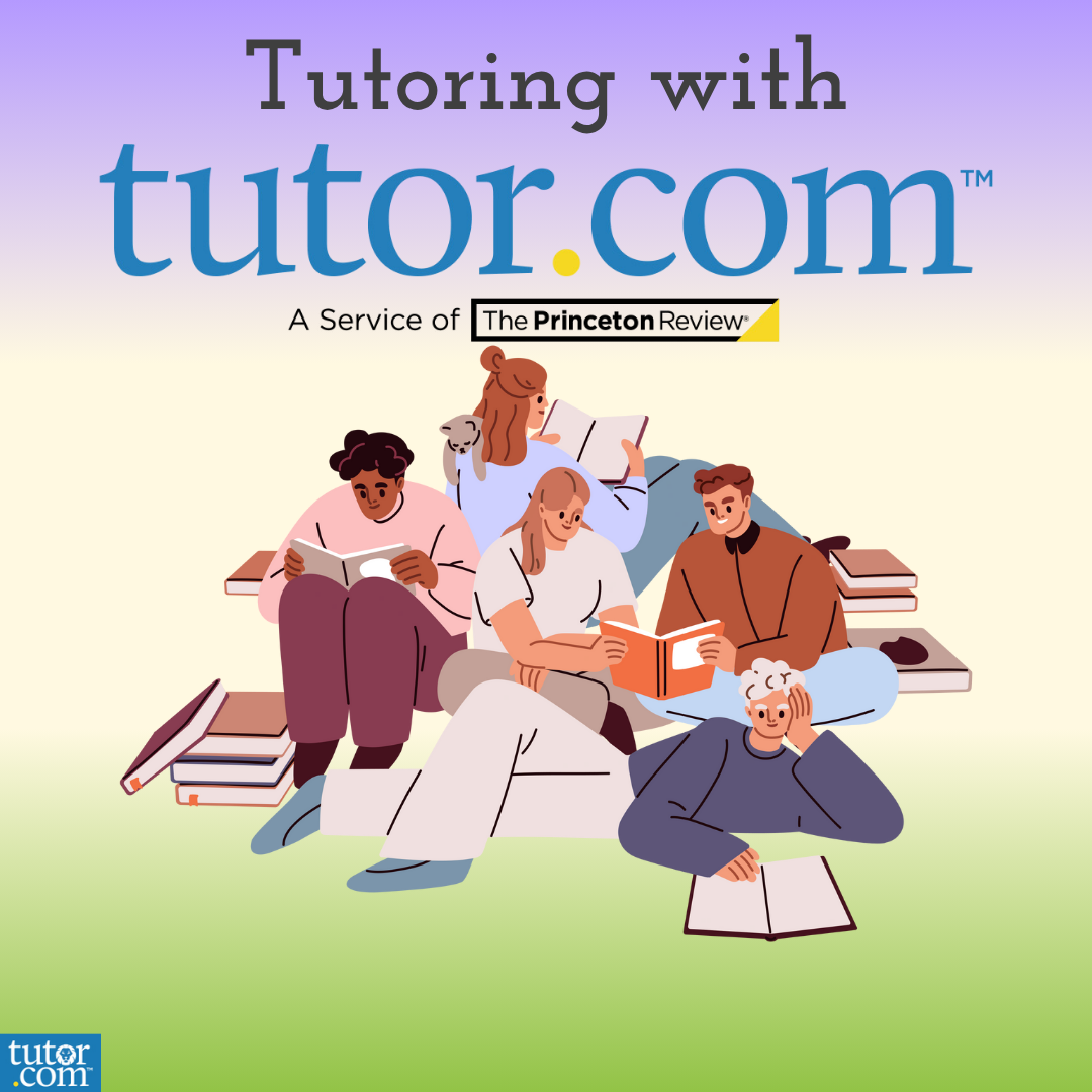 Illustration of young adults in a group sitting and laying on the ground reading surrounded by books.