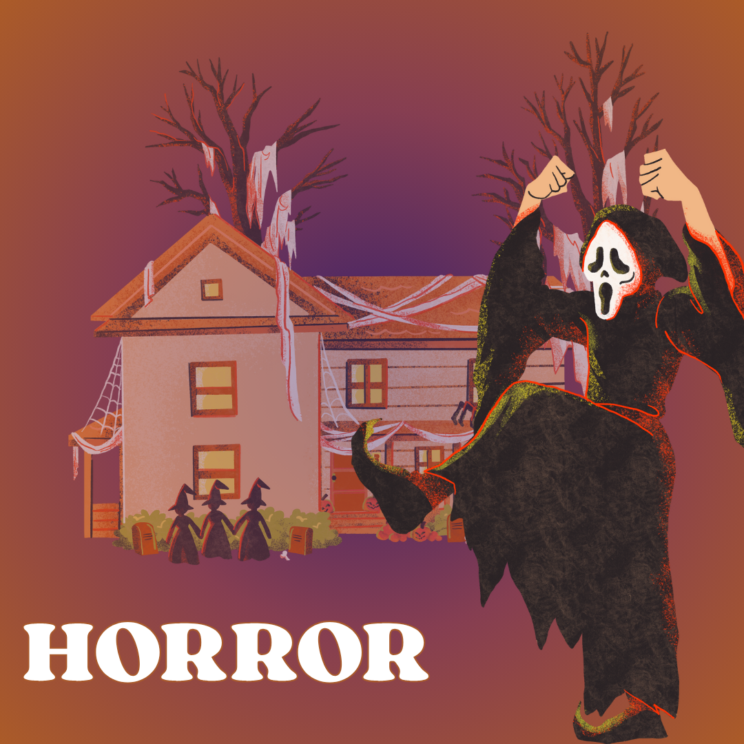 Illustration of a haunted house with a person in a black death gown with a scream mist.
