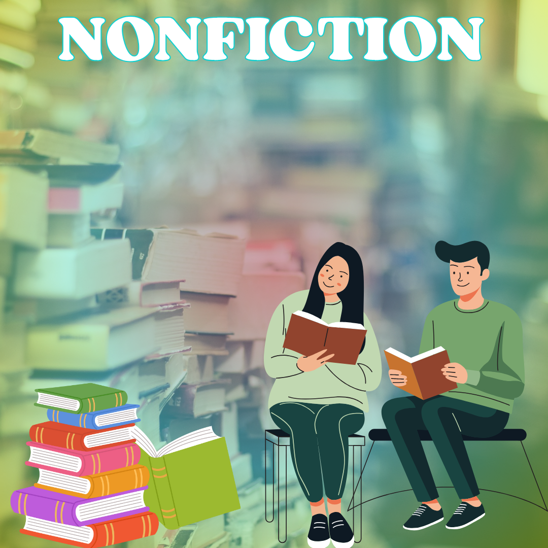 Illustration of a man and a woman sitting down on benches reading books, with a stack of colorful books next to them.