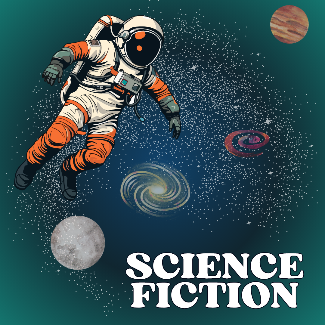 Illustration of an astronaut floating in space with stars and galaxies and planets in space.