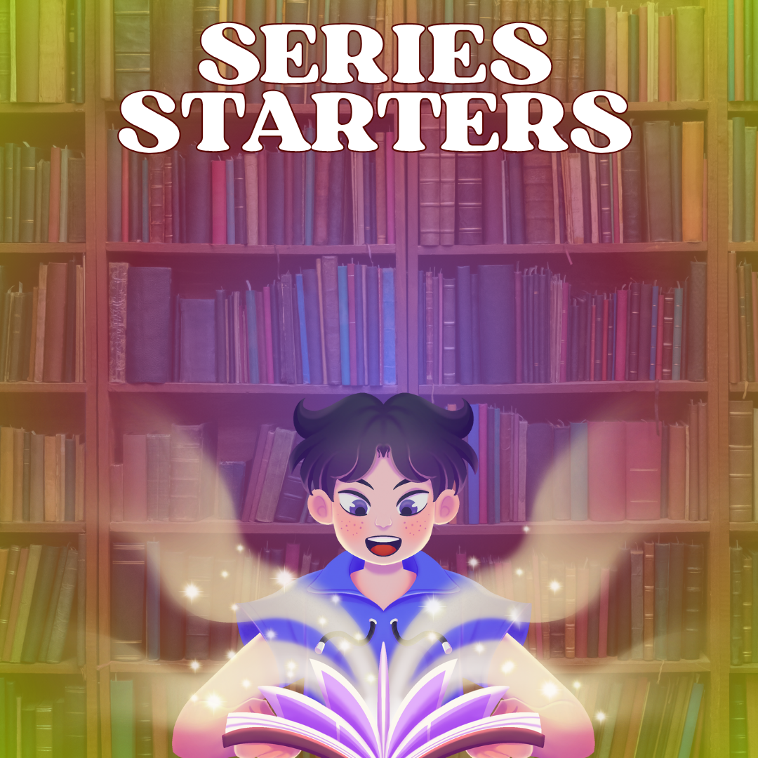 Illustration of a young person with short black hair opening a book with magic light flowing out of the book.