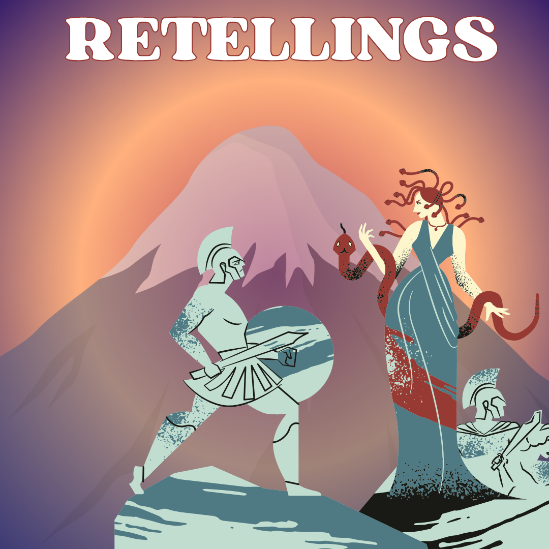 Illustration with Mount Olympus in the background graphic of Medusa in a grey toga with a red snakes for hair looks at a stone greek soilder in front of her on the left with a sword in his right hand and a shield.