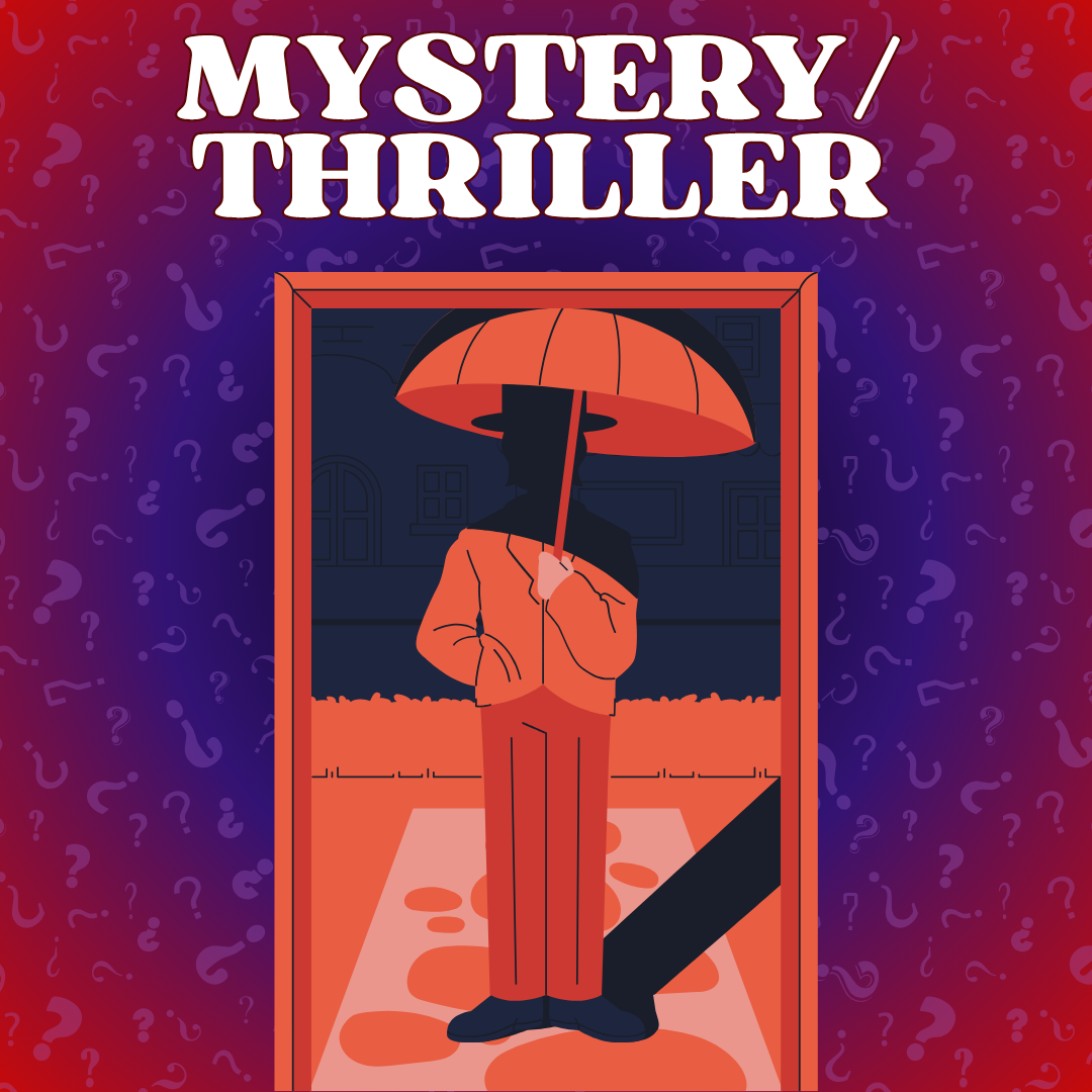 Illustration of an open doorway with a person standing outside on a pathway holding an umbrella, the shadows cover his face and upper shoulders. Question marks in the background of the image.