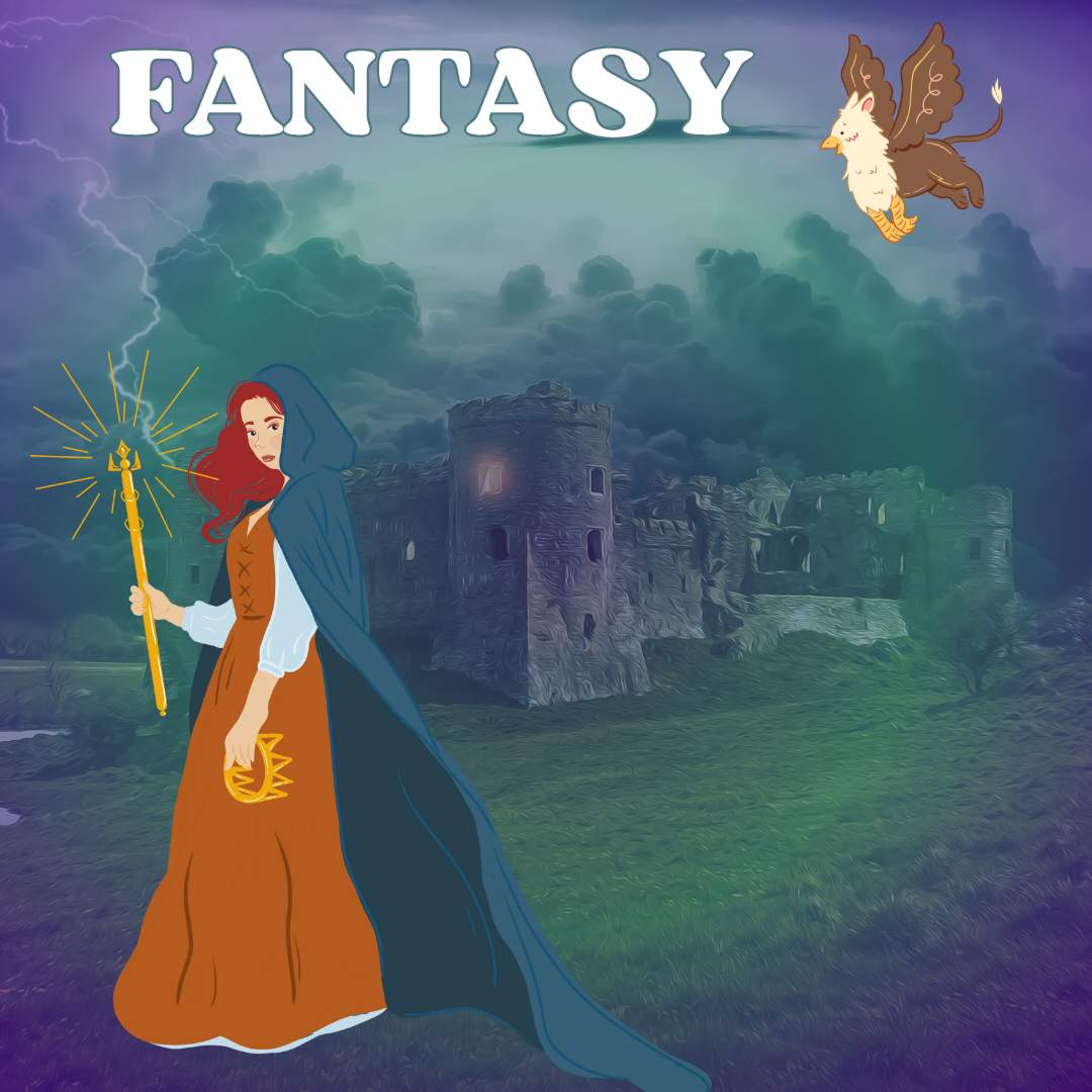 A readheaded woman wearing a blue cloak holding a golden scepter and crown stands in front of a castle and a griffin.