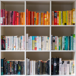 image of a bookshelf, books arranged in rainbow colors - book series icon